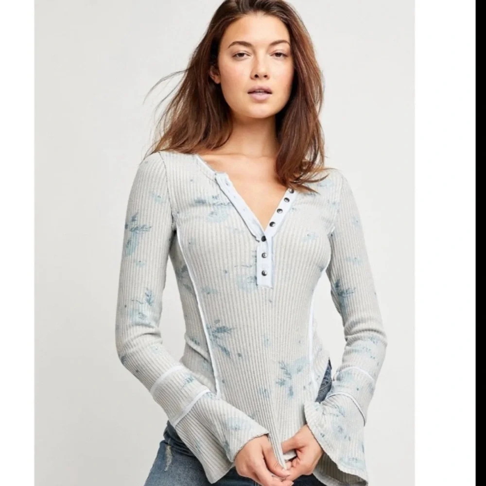 Free People Layer me Henley tie dye top with bell sleeves